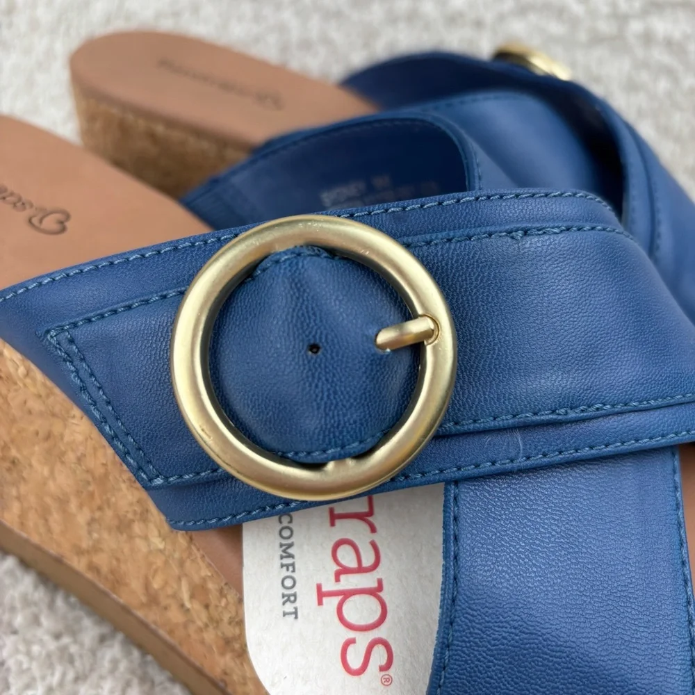 Baretraps Sandals Womens 9M Blue Sydney‎ Cork Slip On Buckle Detail Honeycomb